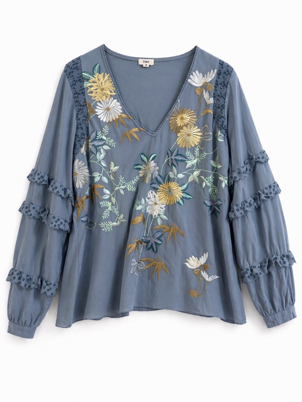 Tiny Anthropologie Blue Embroidered Boho Blouse Floral Top